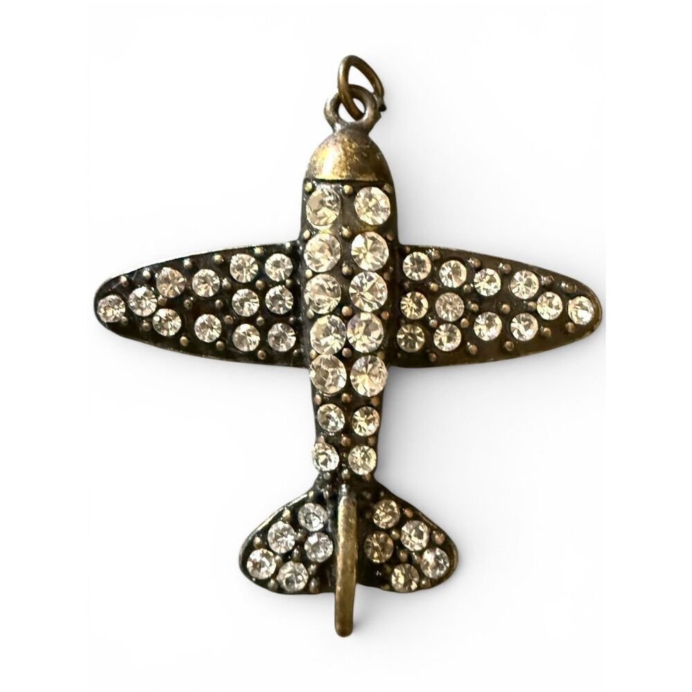 Vintage Airplane Rhinestone Pendant Charm Antique Bronze Style Unisex Jewelry